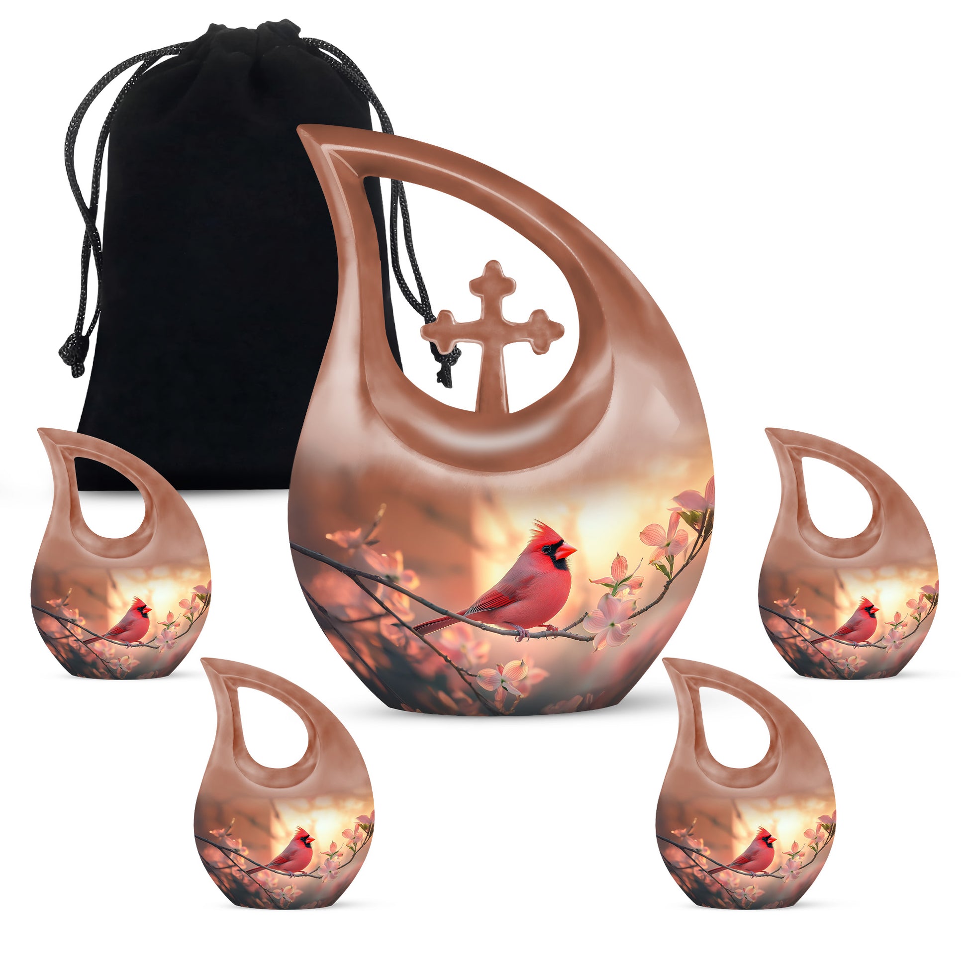 Warm Gold Cardinal Cremation Urn urn with complimentary velvet bag - devotional cross-drop cardinal engraving - memorial set with one large and four small urns