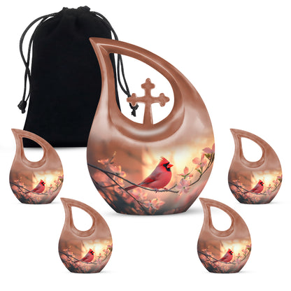 Warm Gold Cardinal Cremation Urn urn with complimentary velvet bag - devotional cross-drop cardinal engraving - memorial set with one large and four small urns
