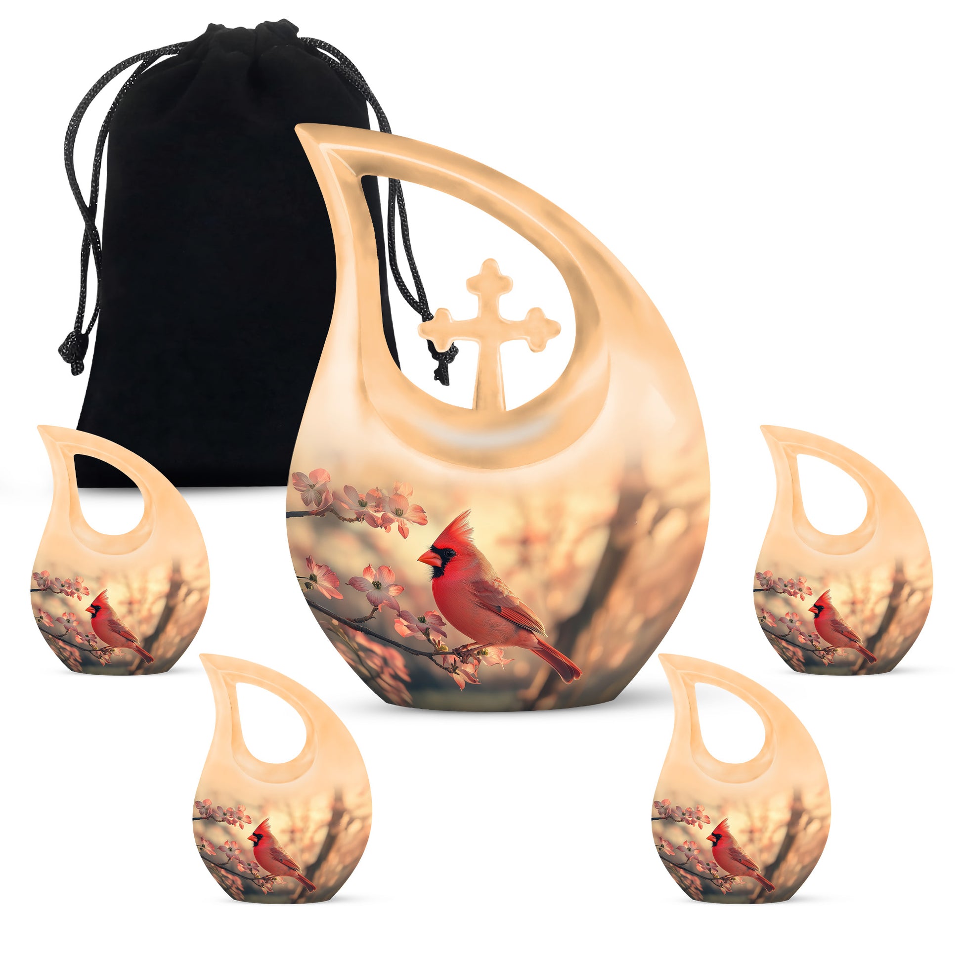 Matte Gold Cardinal Cremation Urn urn with complimentary velvet bag - faith-inspired cross-drop urn with cardinal pattern - memorial set with one large and four small urns