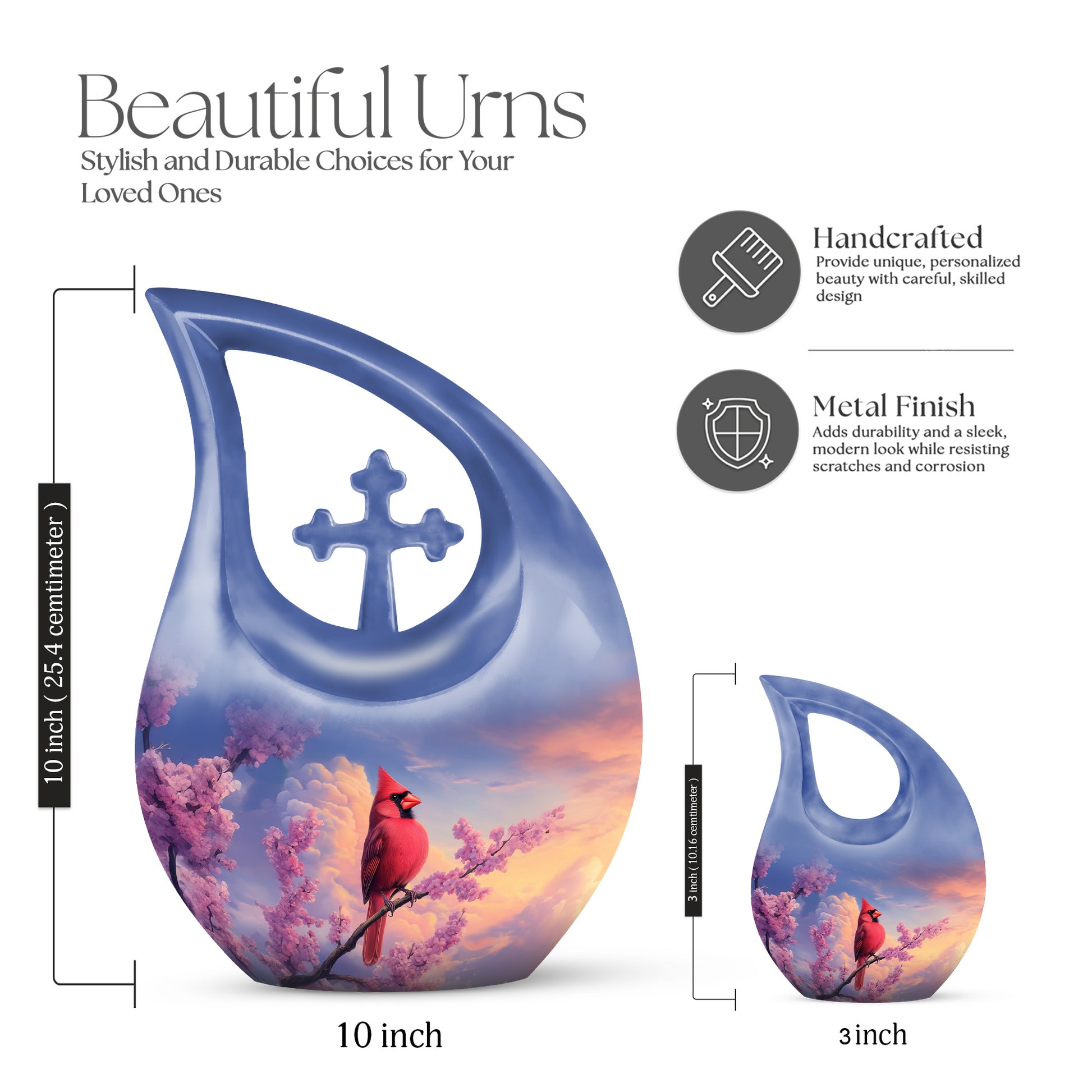 Celestial Blue Cardinal Cremation Urn back view with polished surface - cross and cardinal combined in spiritual memorial design - mini keepsake memorial for portion of cremation ashes