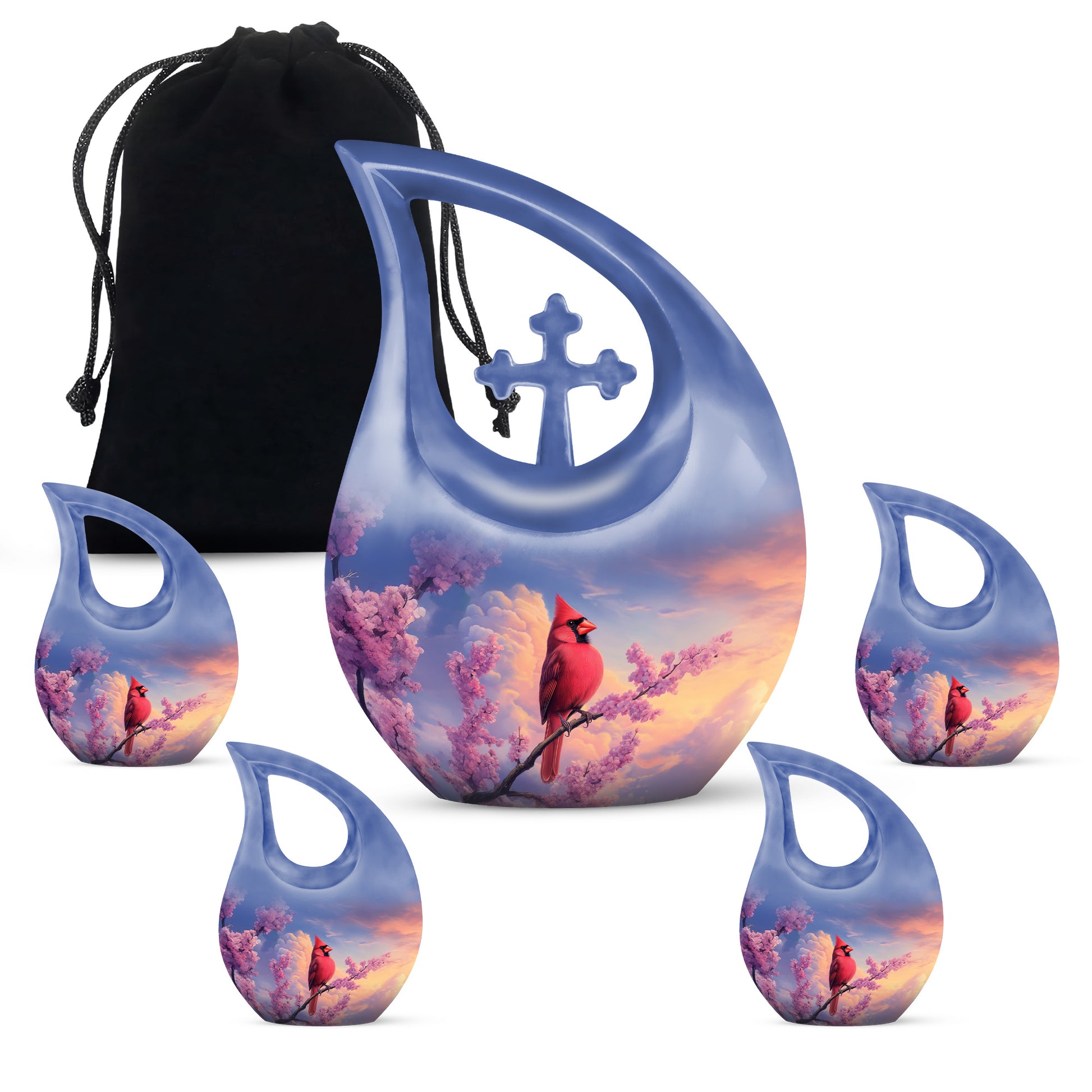 Cobalt Blue Cardinal Cremation Urn urn with complimentary velvet bag - devotional cross-drop cardinal engraving - memorial set with one large and four small urns
