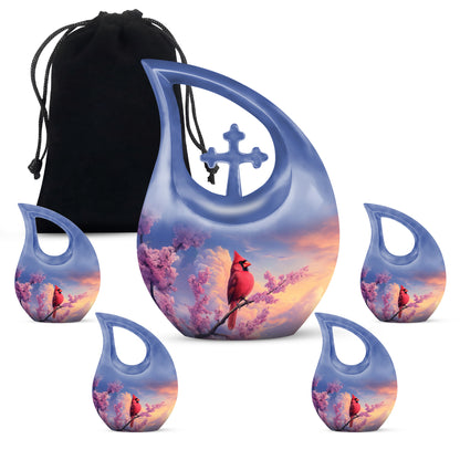 Cobalt Blue Cardinal Cremation Urn urn with complimentary velvet bag - devotional cross-drop cardinal engraving - memorial set with one large and four small urns