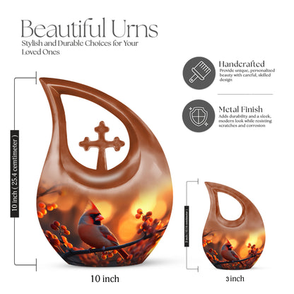 Champagne Gold Cardinal Cremation Urn back view with polished surface - cross and cardinal combined in spiritual memorial design - mini keepsake memorial for portion of cremation ashes