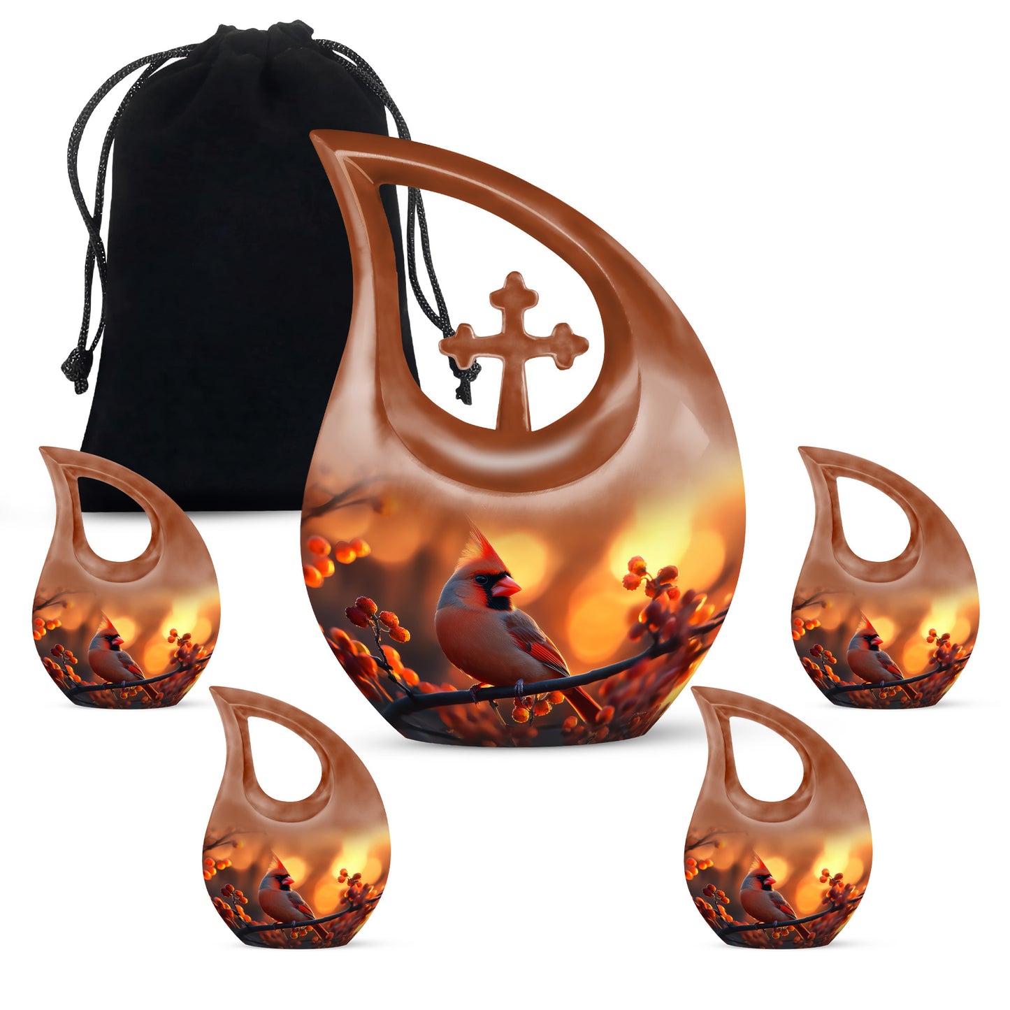 Harvest Gold Cardinal Cremation Urn urn with complimentary velvet bag - faith-inspired cross-drop urn with cardinal pattern - memorial set with one large and four small urns