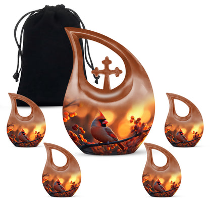 Harvest Gold Cardinal Cremation Urn urn with complimentary velvet bag - faith-inspired cross-drop urn with cardinal pattern - memorial set with one large and four small urns