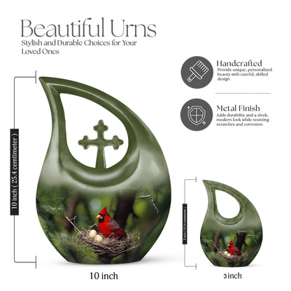 Olive Green Cardinal Cremation Urn back view with polished surface - faith-inspired cross-drop urn with cardinal pattern - mini keepsake memorial for portion of cremation ashes