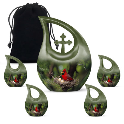 Olive Green Cardinal Cremation Urn urn with complimentary velvet bag - faith-inspired cross-drop urn with cardinal pattern - memorial set with one large and four small urns