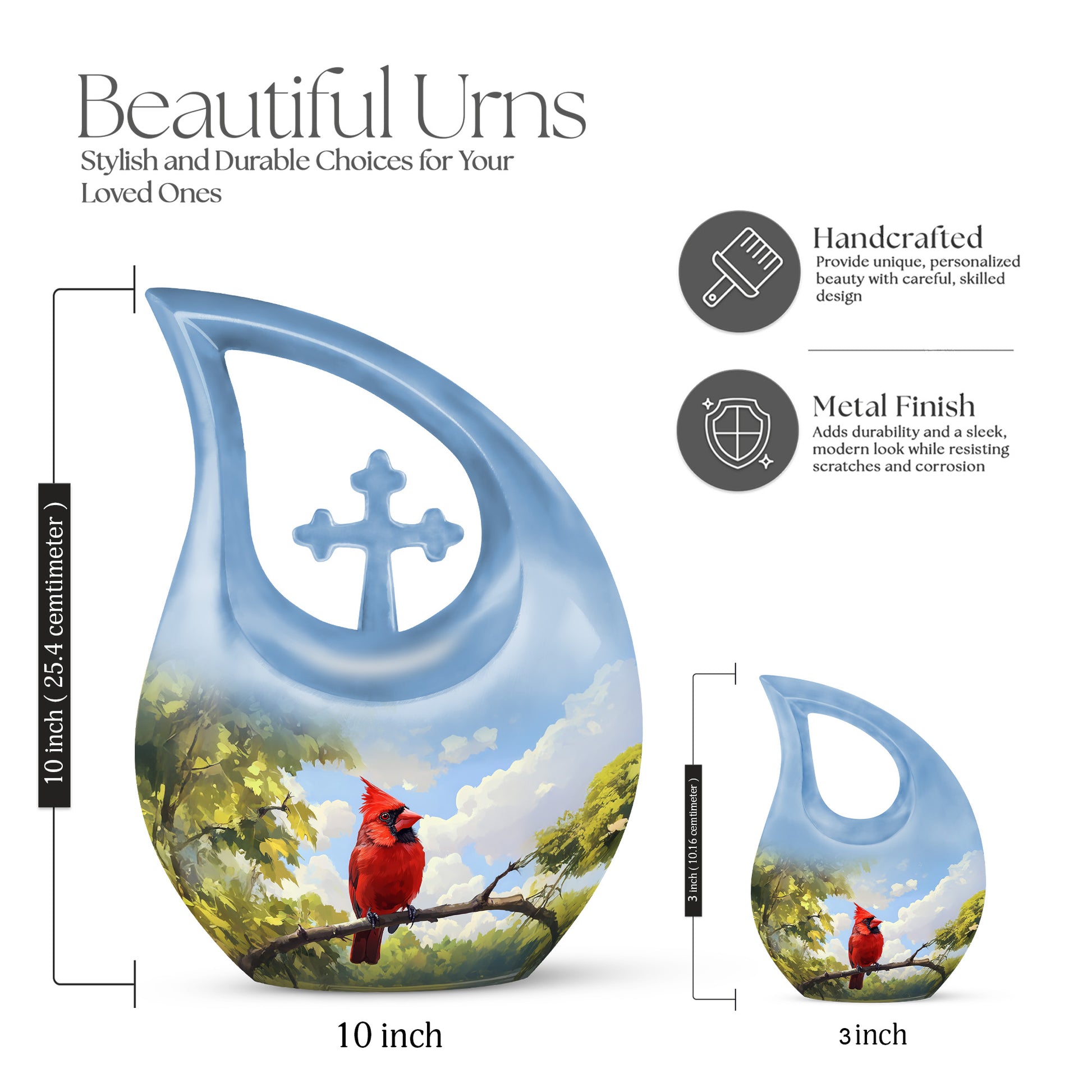 Royal Blue Cardinal Cremation Urn back view with polished surface - faith-inspired cross-drop urn with cardinal pattern - mini keepsake memorial for portion of cremation ashes