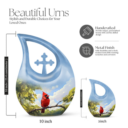 Royal Blue Cardinal Cremation Urn back view with polished surface - faith-inspired cross-drop urn with cardinal pattern - mini keepsake memorial for portion of cremation ashes