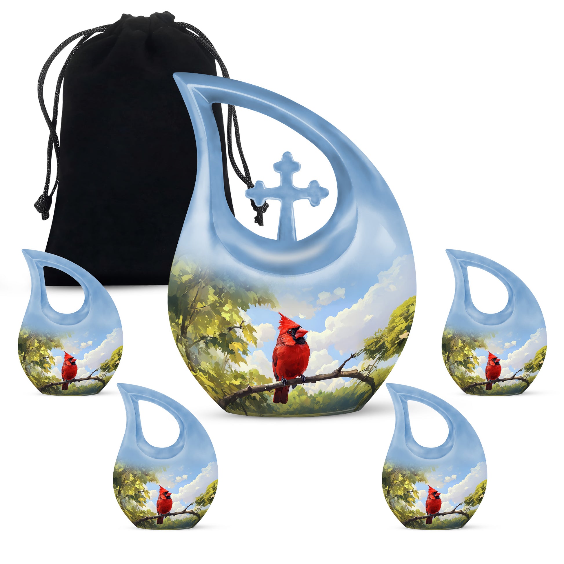 Cornflower Blue Cardinal Cremation Urn urn with complimentary velvet bag - devotional cross-drop cardinal engraving - memorial set with one large and four small urns