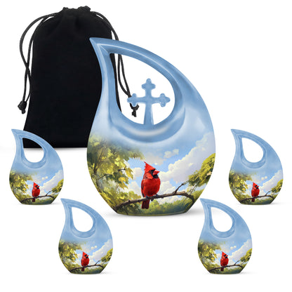 Cornflower Blue Cardinal Cremation Urn urn with complimentary velvet bag - devotional cross-drop cardinal engraving - memorial set with one large and four small urns