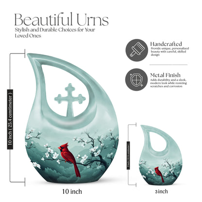 Platinum Silver Cardinal Cremation Urn back view with polished surface - sacred cross merged with cardinal motif on metal - mini keepsake memorial for portion of cremation ashes