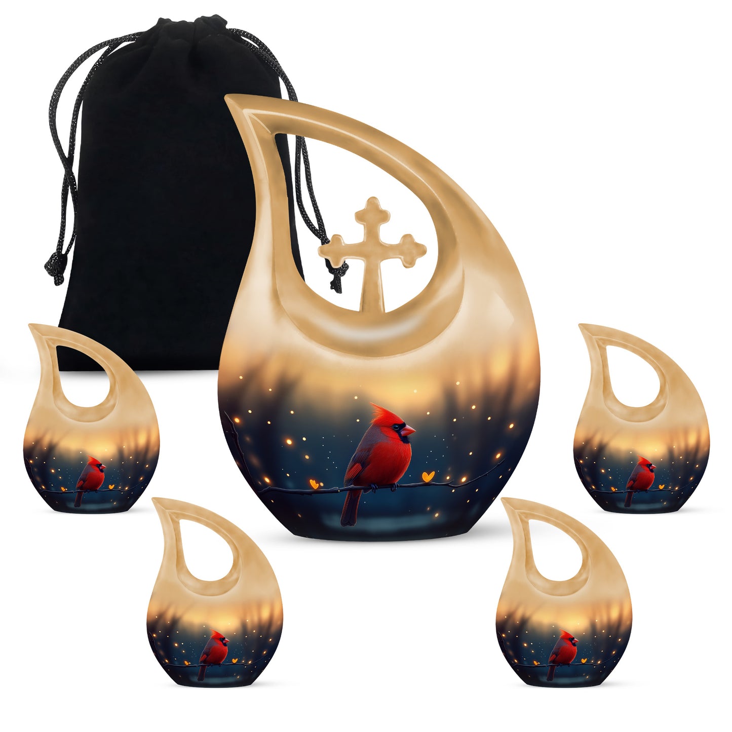 Royal Gold Cardinal Cremation Urn urn with complimentary velvet bag - faith-inspired cross-drop urn with cardinal pattern - memorial set with one large and four small urns