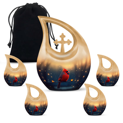 Royal Gold Cardinal Cremation Urn urn with complimentary velvet bag - faith-inspired cross-drop urn with cardinal pattern - memorial set with one large and four small urns