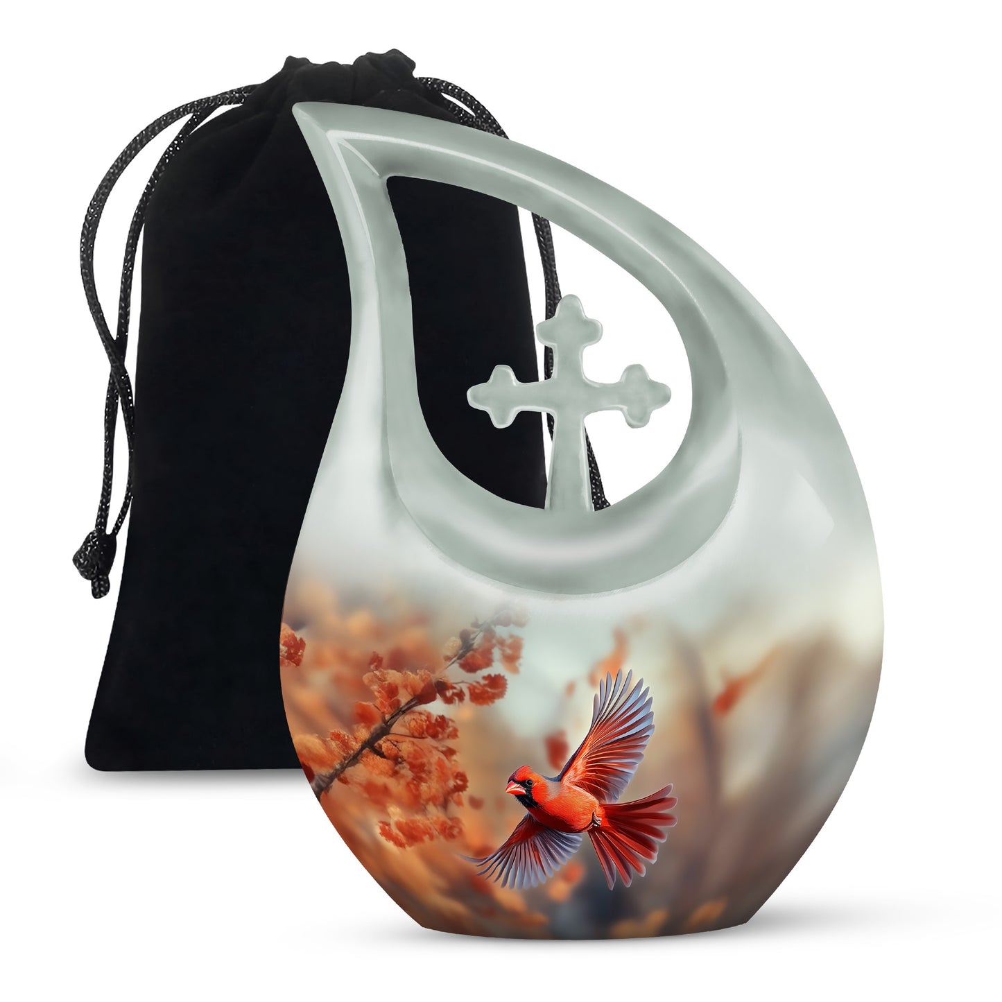 Burnished Gold Cardinal Cremation Urn top-down view of secure threaded lid - faith-inspired cross-drop urn with cardinal pattern - full-size 10 inch 200 cubic inch adult cremation urn