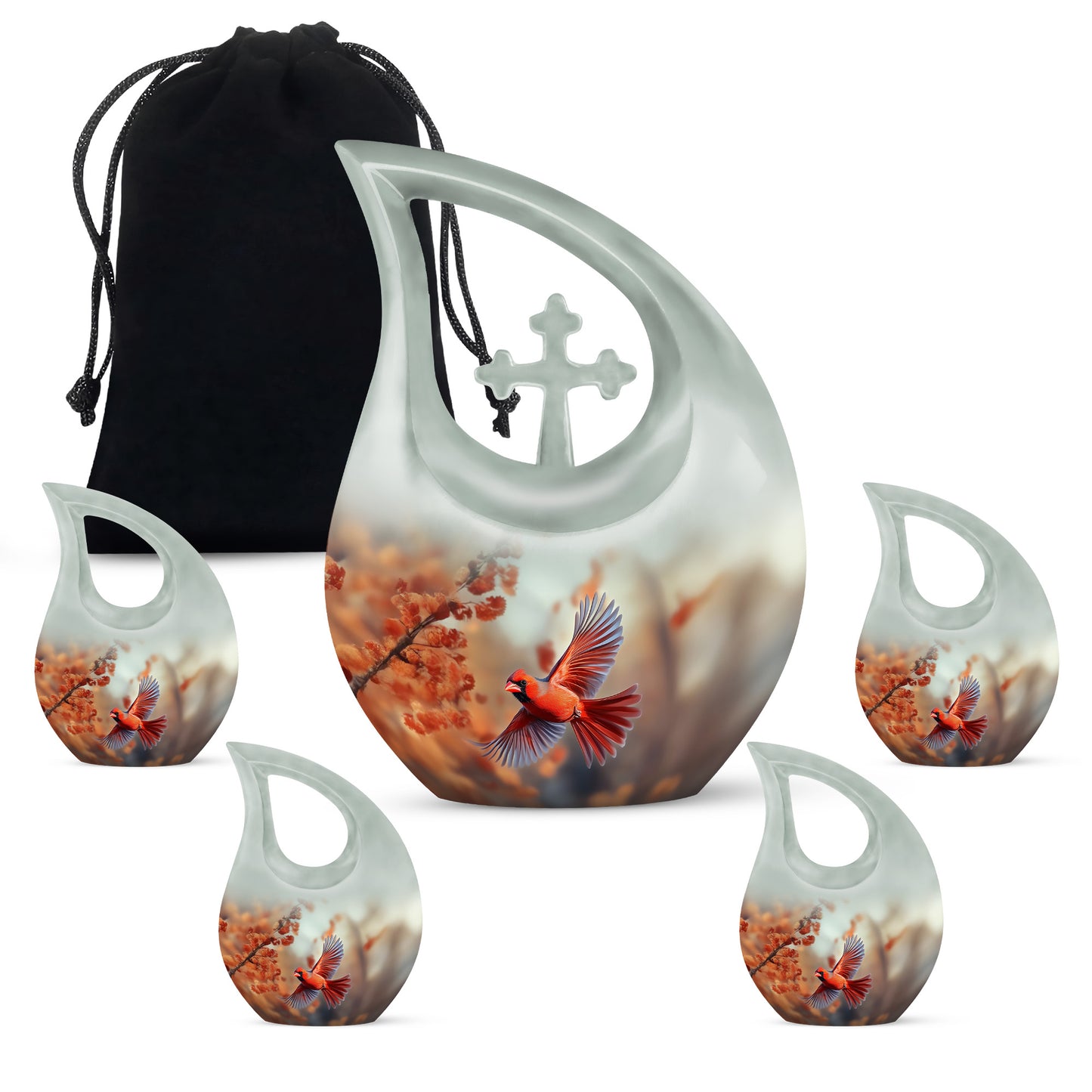 Champagne Gold Cardinal Cremation Urn urn with complimentary velvet bag - sacred cross merged with cardinal motif on metal - memorial set with one large and four small urns