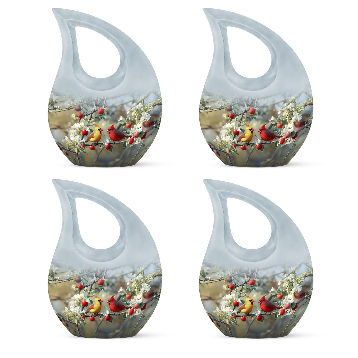 Polished Silver Cardinal Cremation Urn lifestyle display on memorial shelf - faith-inspired cross-drop urn with cardinal pattern - 10 inch aluminum urn for cremated remains