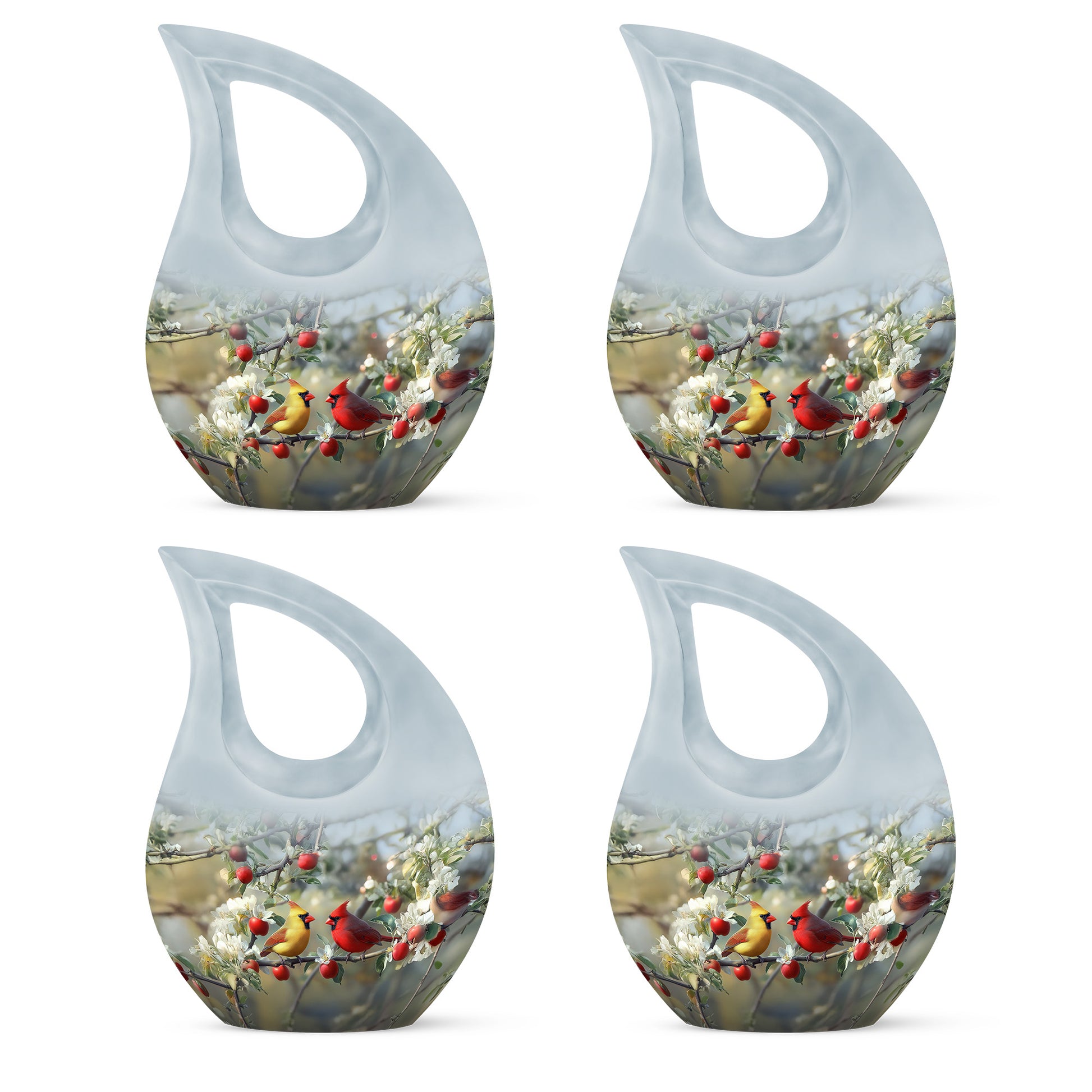 Polished Silver Cardinal Cremation Urn lifestyle display on memorial shelf - faith-inspired cross-drop urn with cardinal pattern - 10 inch aluminum urn for cremated remains