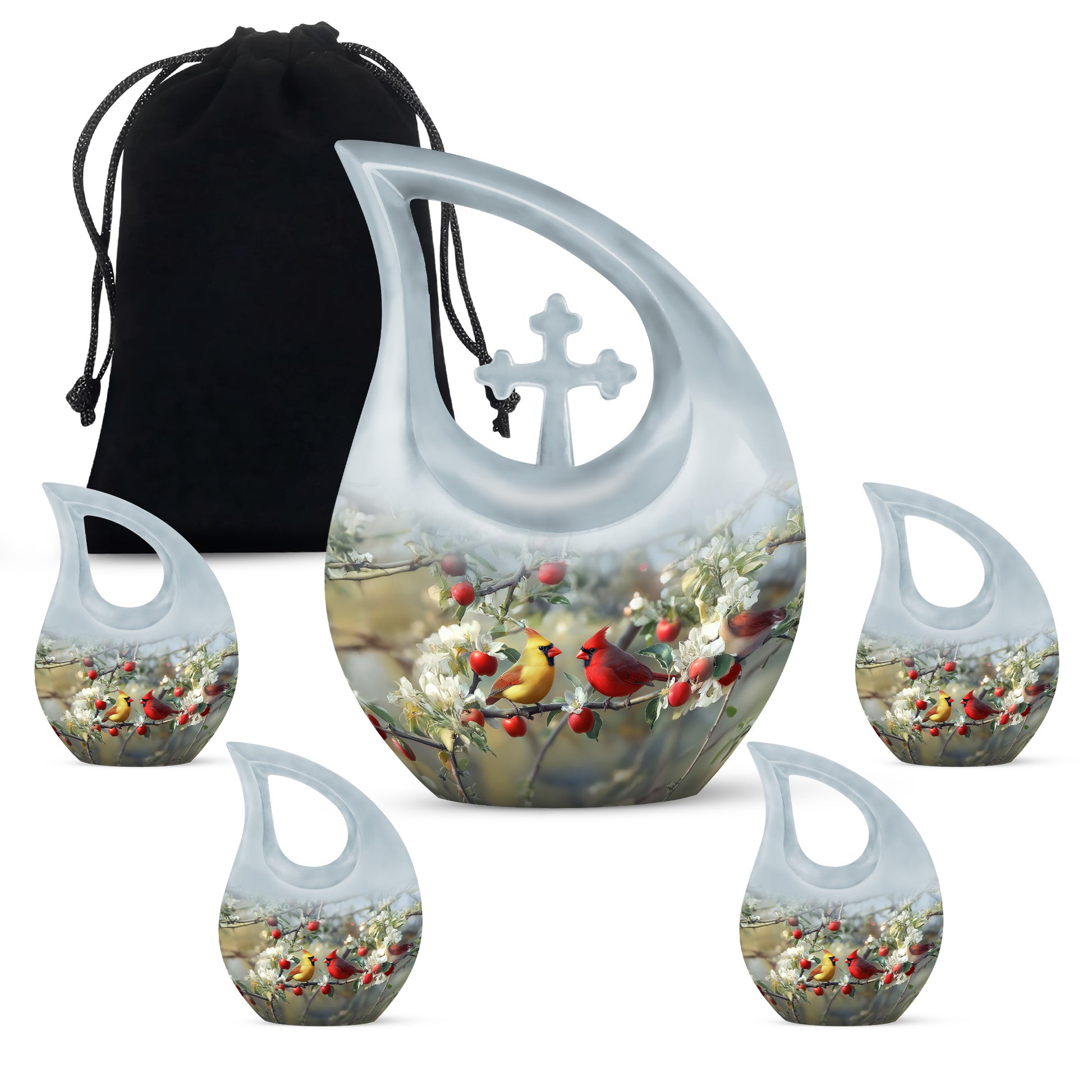 Satin Silver Cardinal Cremation Urn urn with complimentary velvet bag - sacred cross merged with cardinal motif on metal - memorial set with one large and four small urns