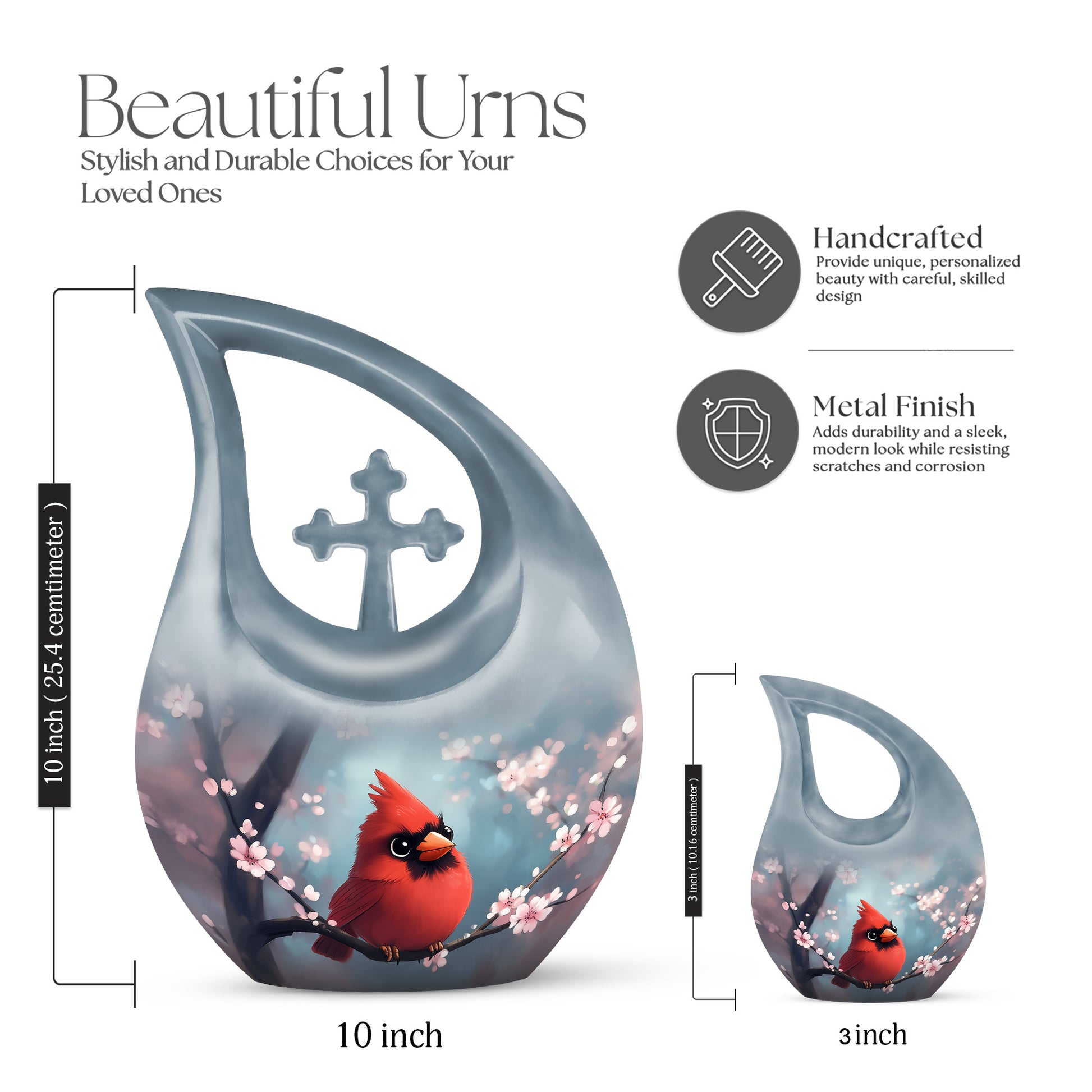 Vivid Teal Cardinal Cremation Urn back view with polished surface - devotional cross-drop cardinal engraving - mini keepsake memorial for portion of cremation ashes