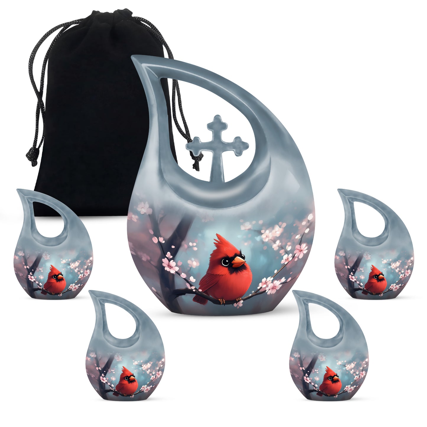 Ocean Teal Cardinal Cremation Urn urn with complimentary velvet bag - cross and cardinal combined in spiritual memorial design - memorial set with one large and four small urns