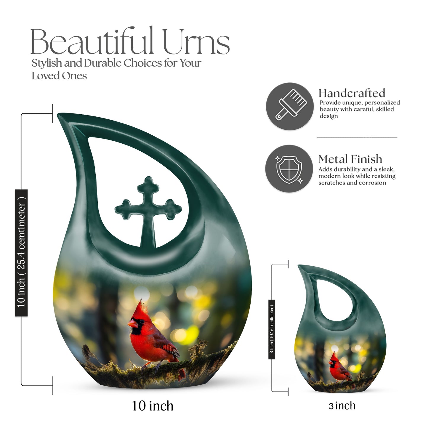 Gilded Gold Cardinal Cremation Urn back view with polished surface - sacred cross merged with cardinal motif on metal - mini keepsake memorial for portion of cremation ashes