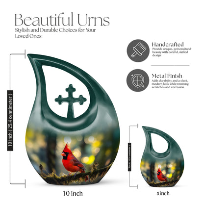 Gilded Gold Cardinal Cremation Urn back view with polished surface - sacred cross merged with cardinal motif on metal - mini keepsake memorial for portion of cremation ashes