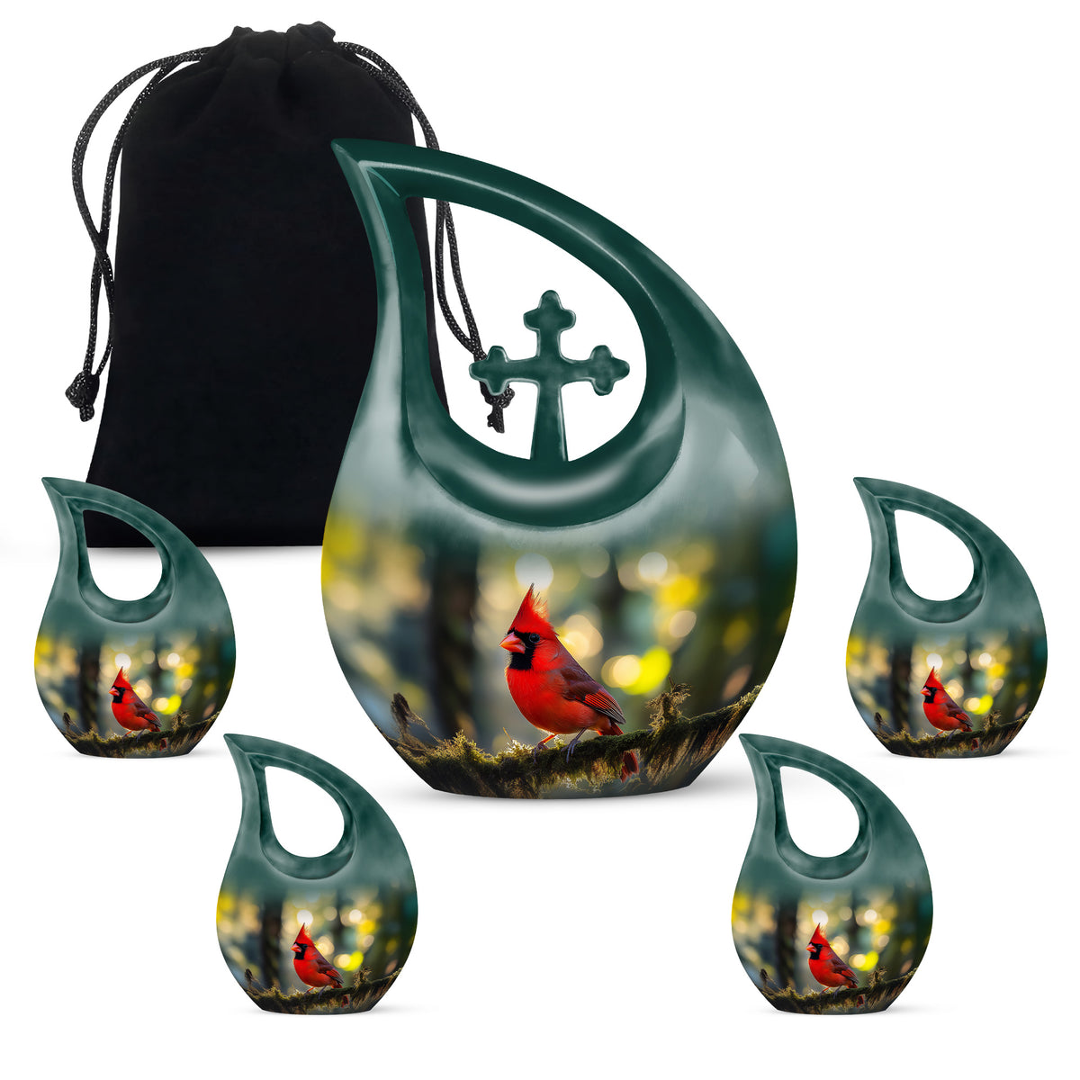 Harvest Gold Cardinal Cremation Urn urn with complimentary velvet bag - devotional cross-drop cardinal engraving - memorial set with one large and four small urns
