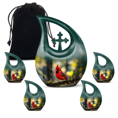 Harvest Gold Cardinal Cremation Urn urn with complimentary velvet bag - devotional cross-drop cardinal engraving - memorial set with one large and four small urns