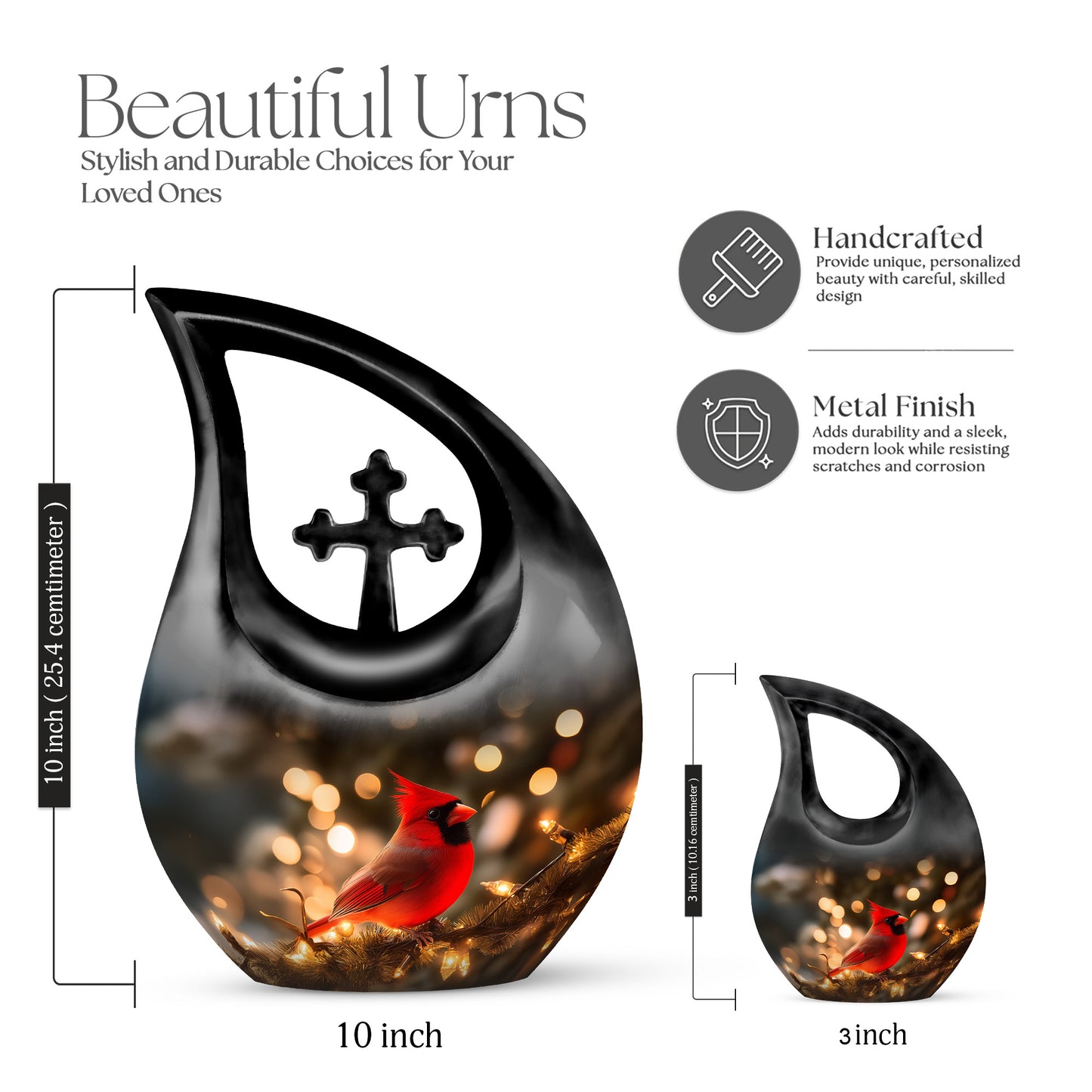 Matte Gold Cardinal Cremation Urn back view with polished surface - faith-inspired cross-drop urn with cardinal pattern - mini keepsake memorial for portion of cremation ashes