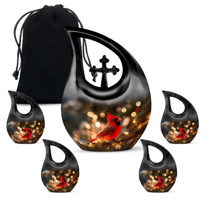 Amber Gold Cardinal Cremation Urn urn with complimentary velvet bag - sacred cross merged with cardinal motif on metal - memorial set with one large and four small urns