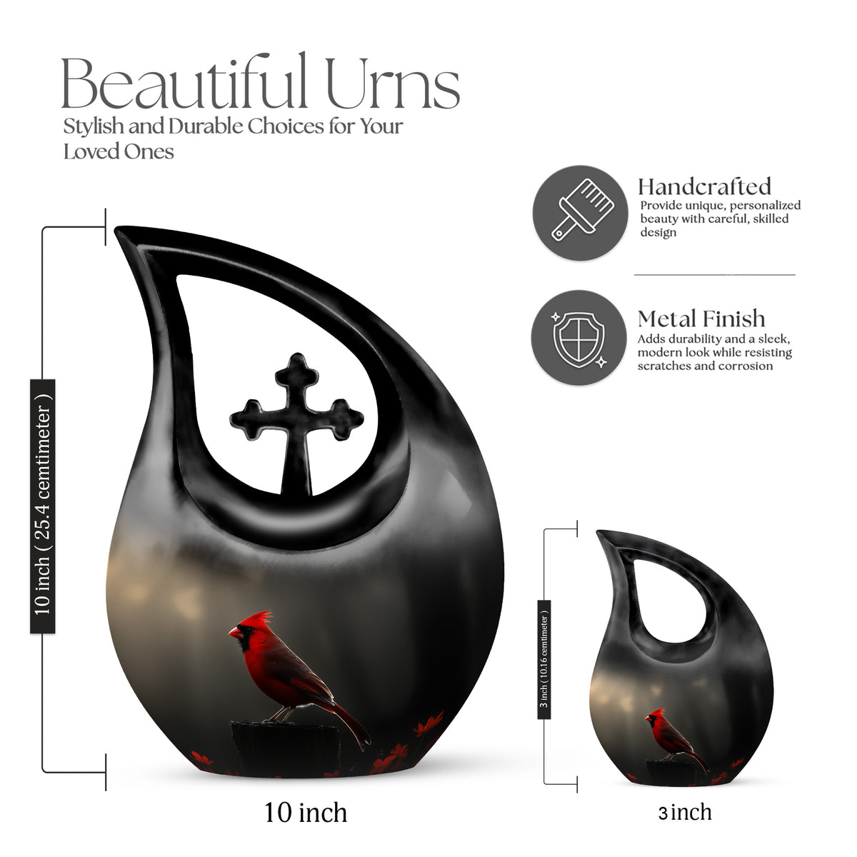 Rich Black Cardinal Cremation Urn back view with polished surface - sacred cross merged with cardinal motif on metal - mini keepsake memorial for portion of cremation ashes