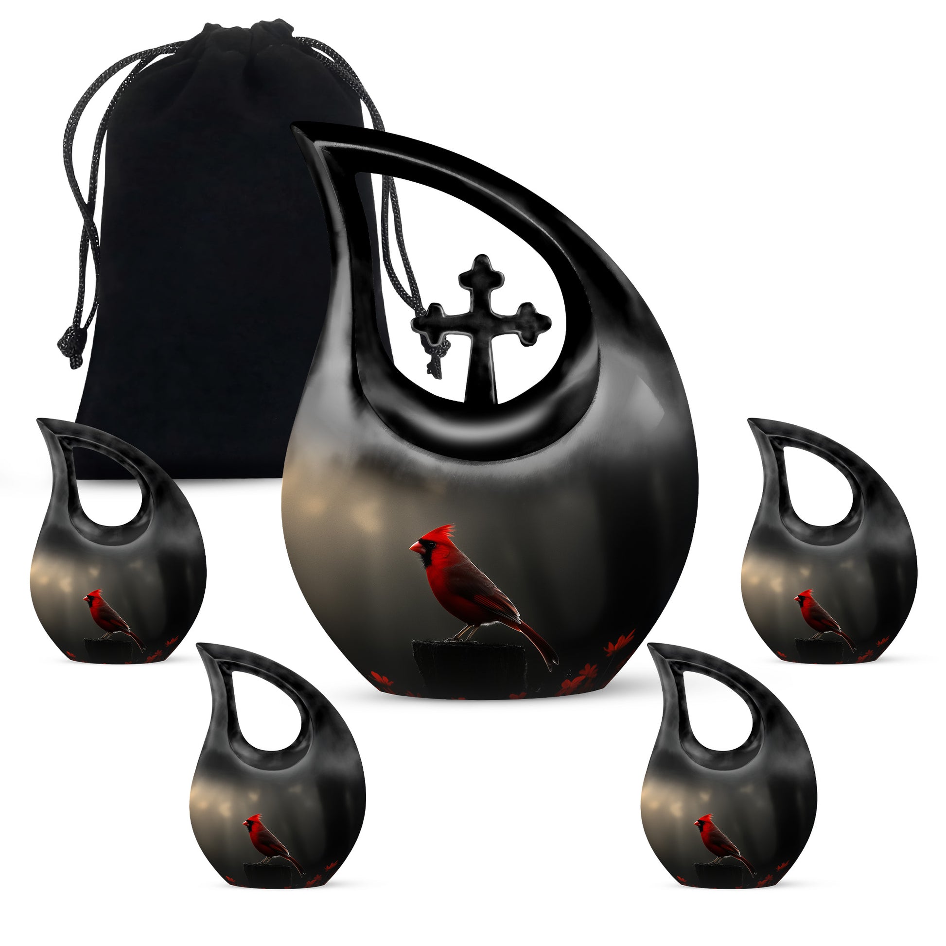 Obsidian Black Cardinal Cremation Urn urn with complimentary velvet bag - faith-inspired cross-drop urn with cardinal pattern - memorial set with one large and four small urns