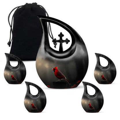 Obsidian Black Cardinal Cremation Urn urn with complimentary velvet bag - faith-inspired cross-drop urn with cardinal pattern - memorial set with one large and four small urns