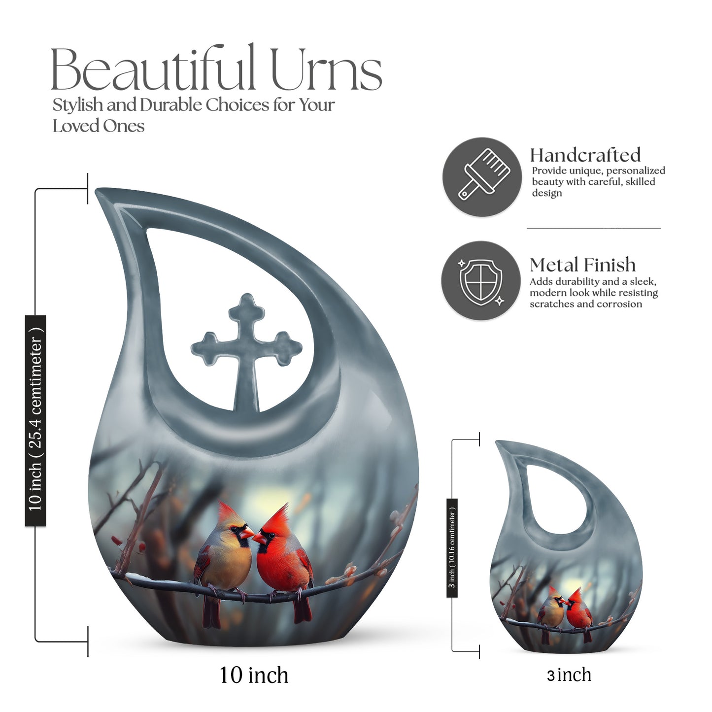 Silver Gray Cardinal Cremation Urn back view with polished surface - cross and cardinal combined in spiritual memorial design - mini keepsake memorial for portion of cremation ashes