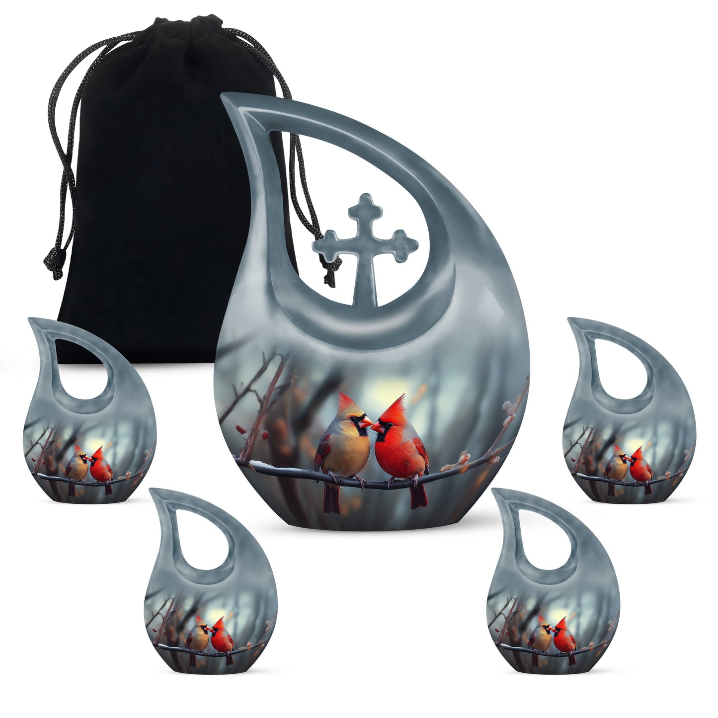 Mist Gray Cardinal Cremation Urn urn with complimentary velvet bag - cross and cardinal combined in spiritual memorial design - memorial set with one large and four small urns