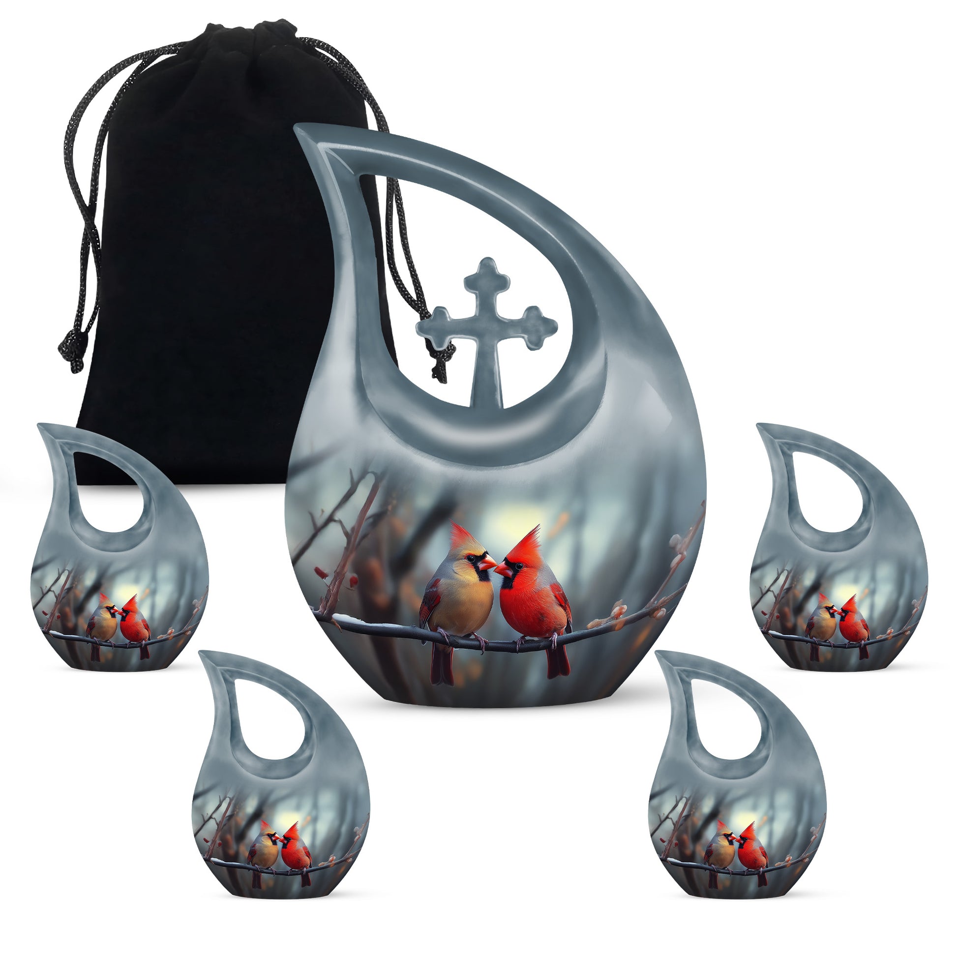 Mist Gray Cardinal Cremation Urn urn with complimentary velvet bag - cross and cardinal combined in spiritual memorial design - memorial set with one large and four small urns