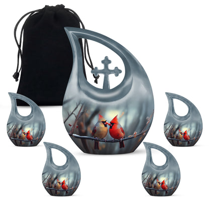 Mist Gray Cardinal Cremation Urn urn with complimentary velvet bag - cross and cardinal combined in spiritual memorial design - memorial set with one large and four small urns