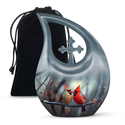 Silver Gray Cardinal Cremation Urn top-down view of secure threaded lid - sacred cross merged with cardinal motif on metal - full-size 10 inch 200 cubic inch adult cremation urn