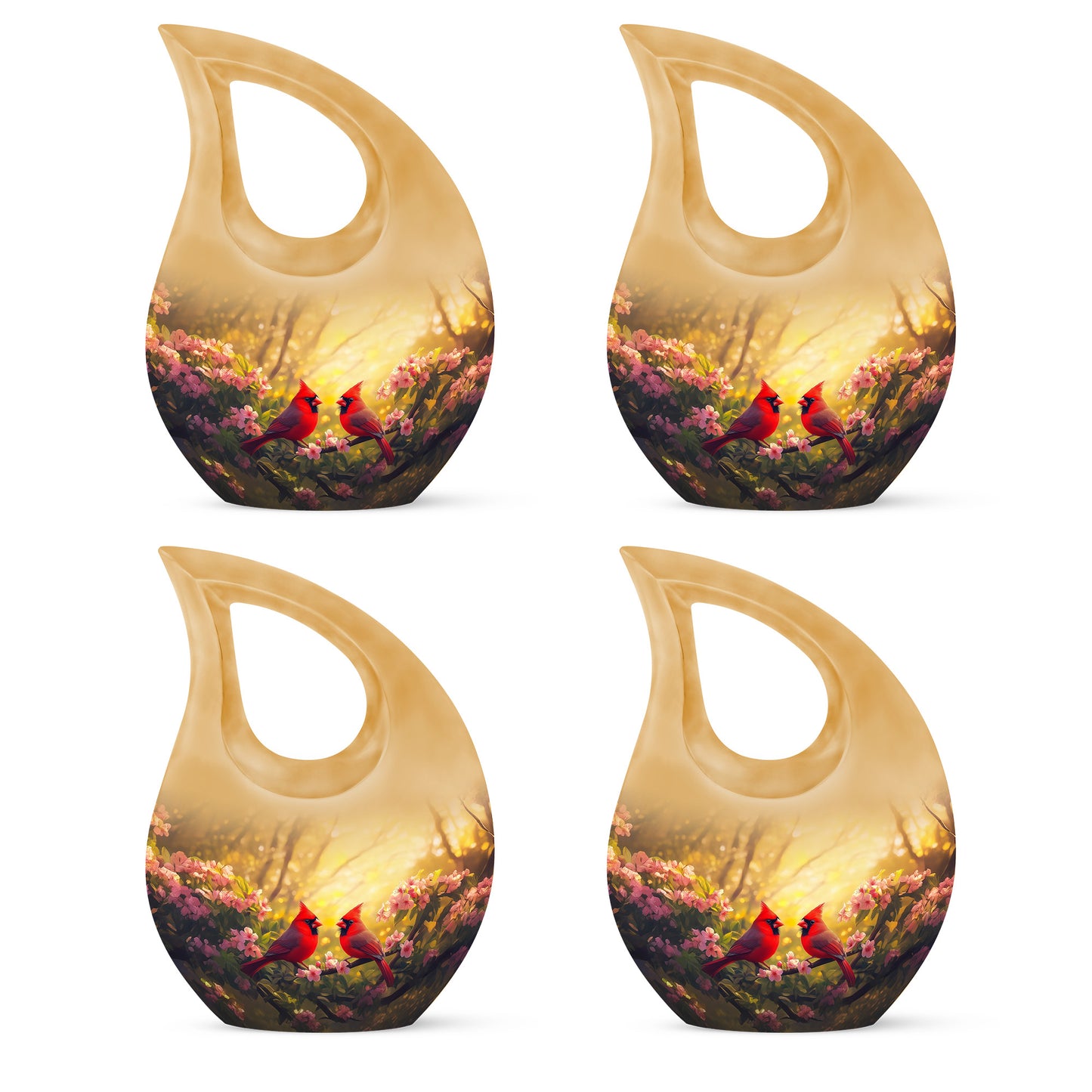 Warm Gold Cardinal Cremation Urn lifestyle display on memorial shelf - devotional cross-drop cardinal engraving - 10 inch aluminum urn for cremated remains