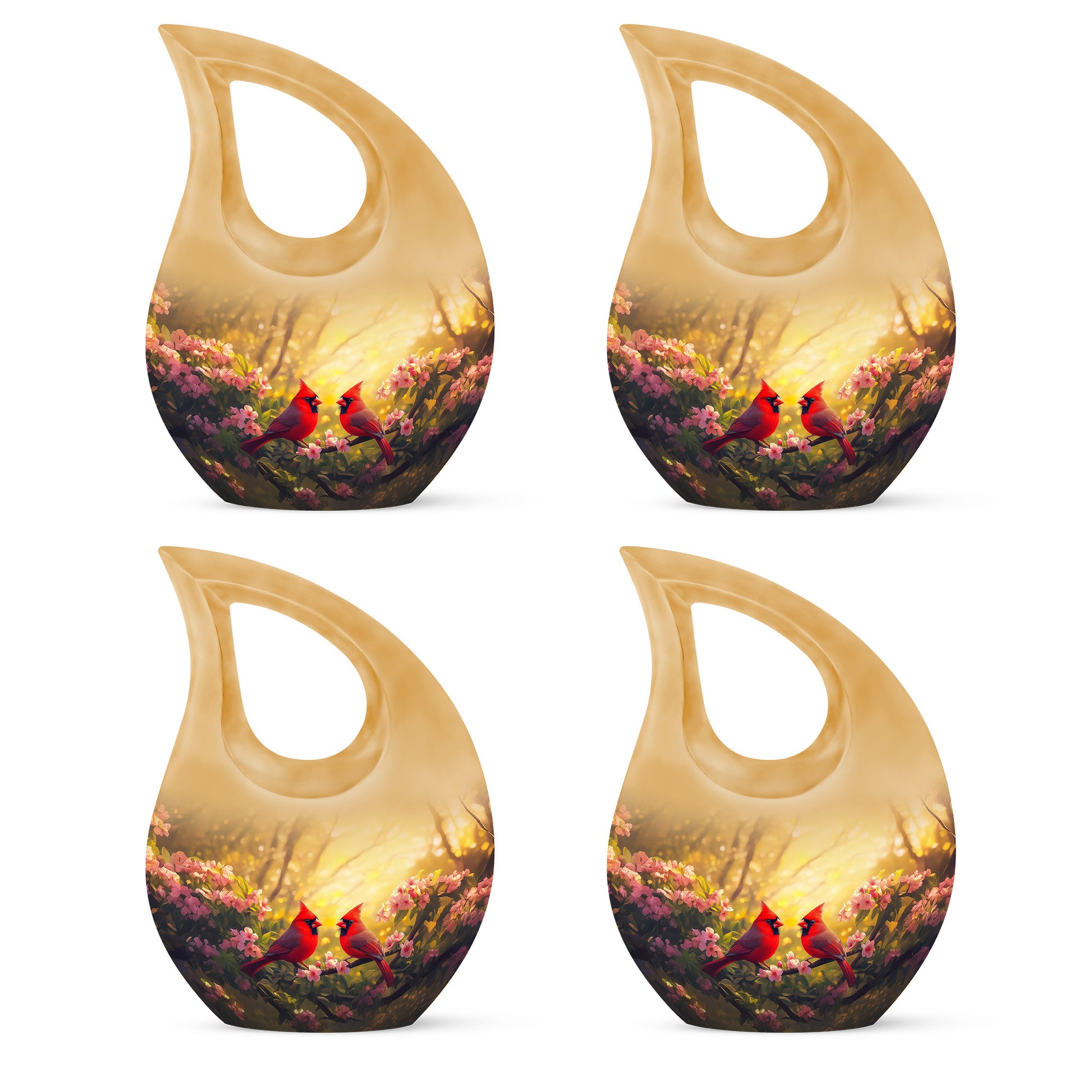 Warm Gold Cardinal Cremation Urn lifestyle display on memorial shelf - devotional cross-drop cardinal engraving - 10 inch aluminum urn for cremated remains