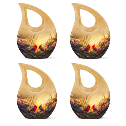 Warm Gold Cardinal Cremation Urn lifestyle display on memorial shelf - devotional cross-drop cardinal engraving - 10 inch aluminum urn for cremated remains