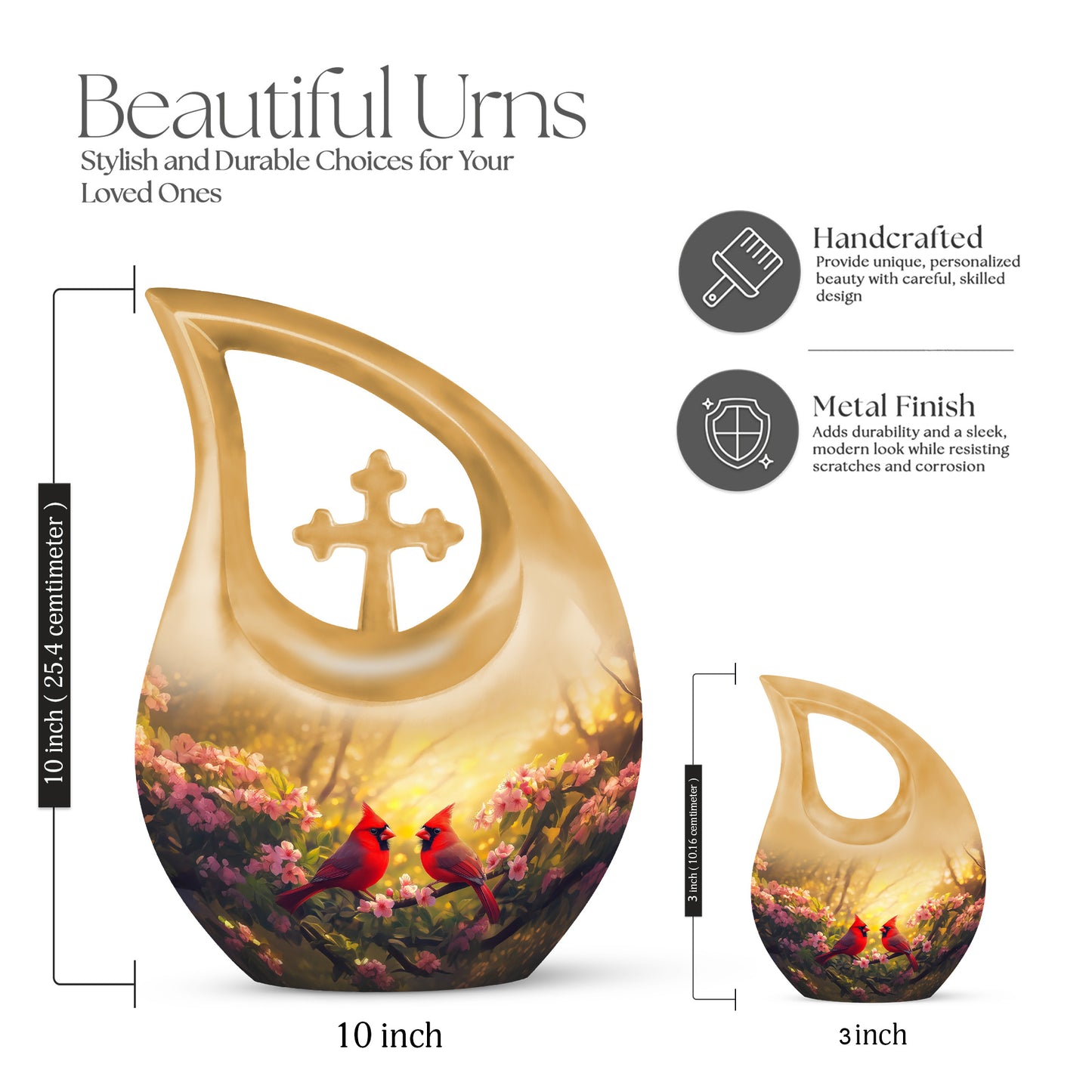 Sunrise Gold Cardinal Cremation Urn back view with polished surface - cross and cardinal combined in spiritual memorial design - mini keepsake memorial for portion of cremation ashes