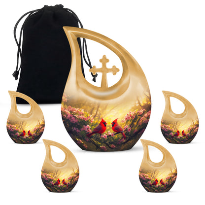 Matte Gold Cardinal Cremation Urn urn with complimentary velvet bag - faith-inspired cross-drop urn with cardinal pattern - memorial set with one large and four small urns