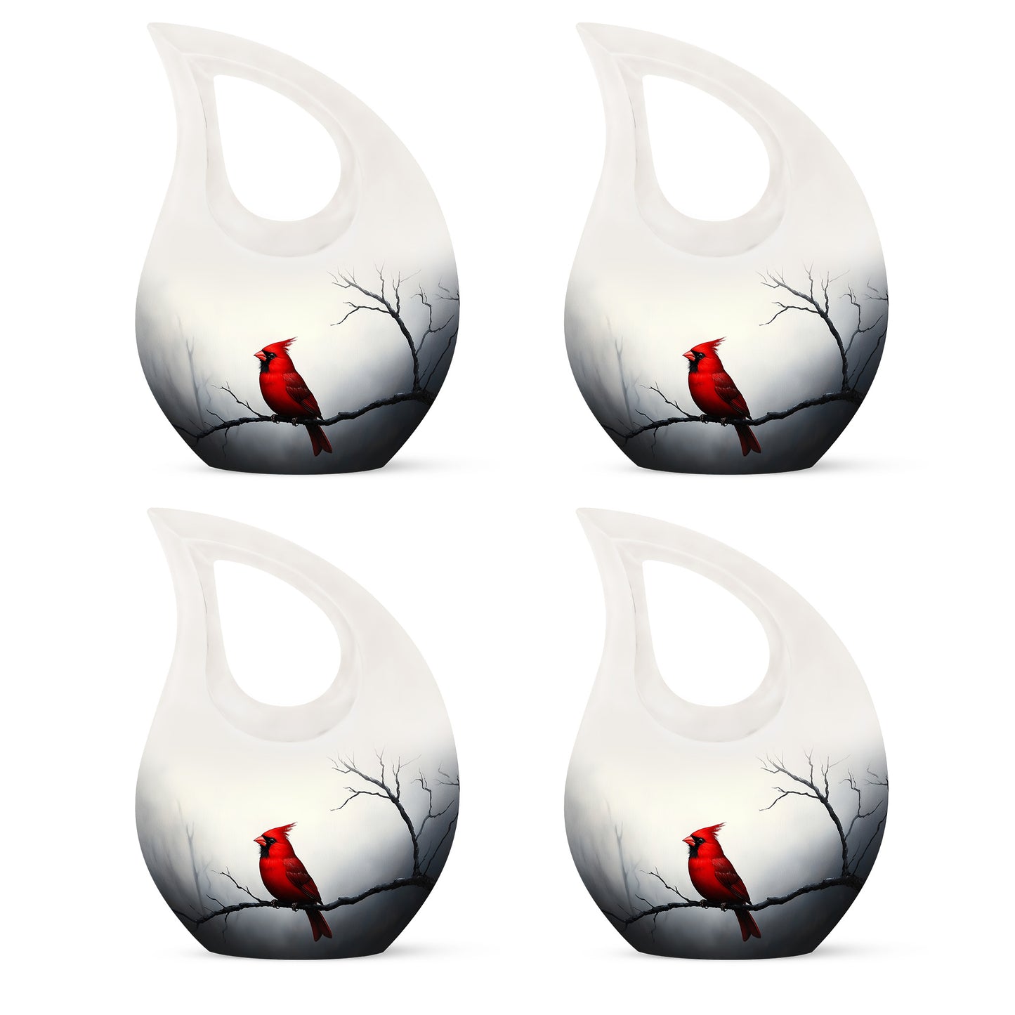 Gleaming Silver Cardinal Cremation Urn lifestyle display on memorial shelf - cross and cardinal combined in spiritual memorial design - 10 inch aluminum urn for cremated remains