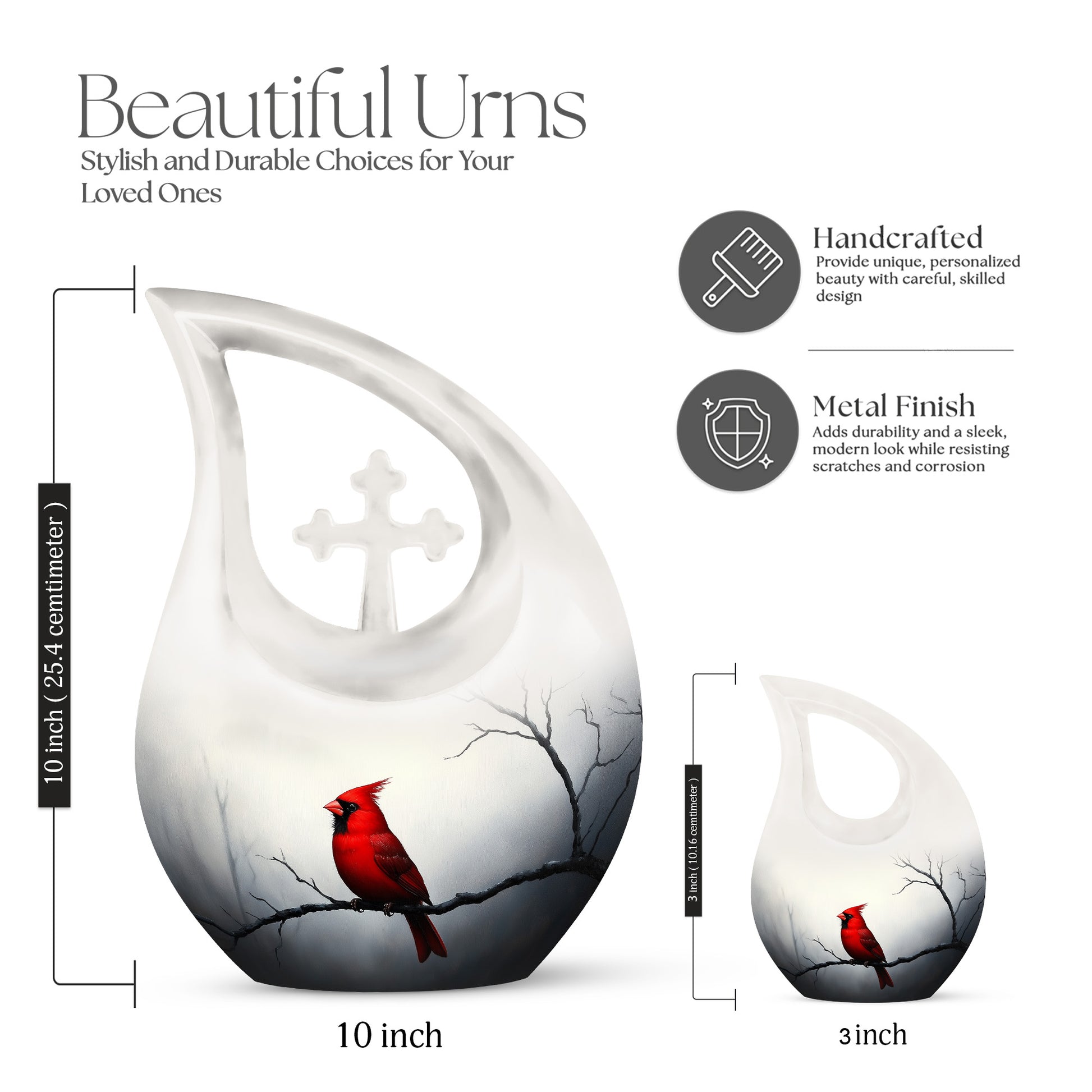 Platinum Silver Cardinal Cremation Urn back view with polished surface - cross and cardinal combined in spiritual memorial design - mini keepsake memorial for portion of cremation ashes