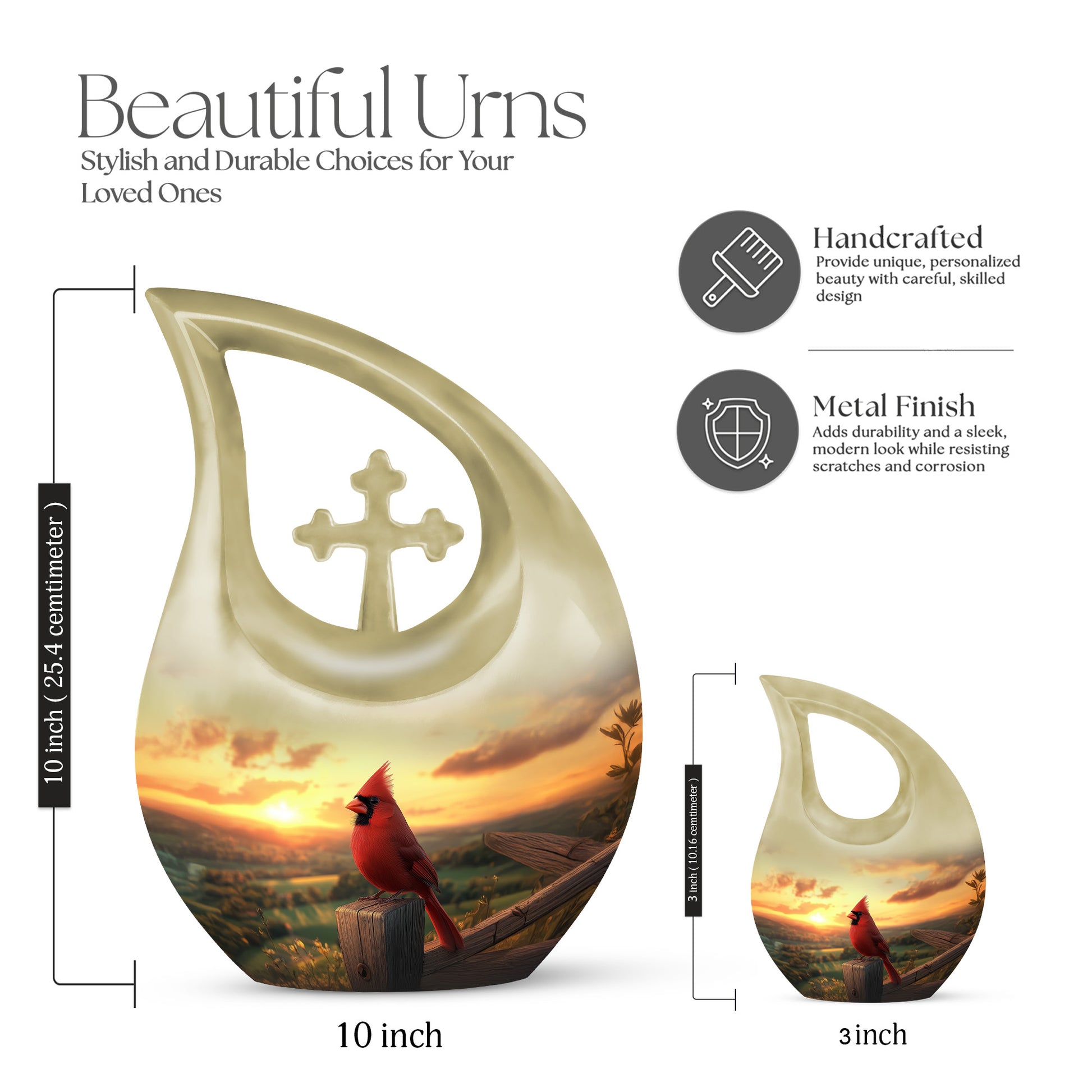 Harvest Gold Cardinal Cremation Urn back view with polished surface - faith-inspired cross-drop urn with cardinal pattern - mini keepsake memorial for portion of cremation ashes