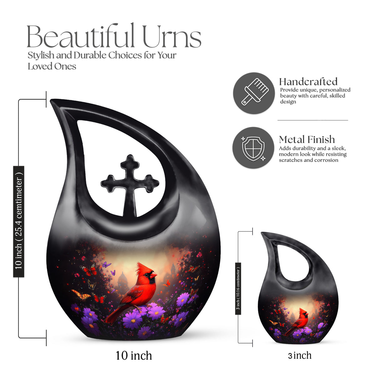 Jet Black Cardinal Cremation Urn back view with polished surface - sacred cross merged with cardinal motif on metal - mini keepsake memorial for portion of cremation ashes