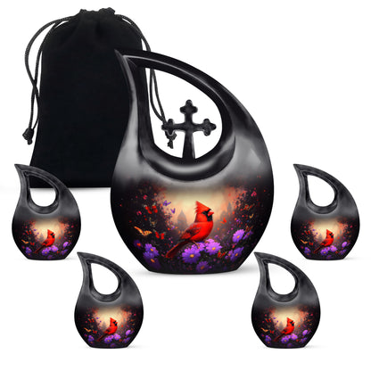 Rich Black Cardinal Cremation Urn urn with complimentary velvet bag - sacred cross merged with cardinal motif on metal - memorial set with one large and four small urns