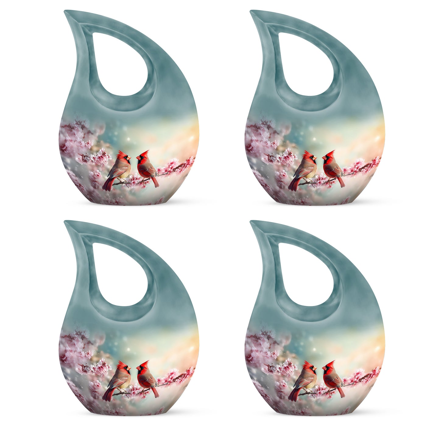 Aqua Teal Cardinal Cremation Urn lifestyle display on memorial shelf - faith-inspired cross-drop urn with cardinal pattern - 10 inch aluminum urn for cremated remains